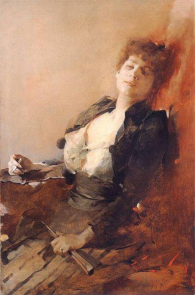 Franciszek zmurko Portrait of a woman with a fan and a cigarette China oil painting art